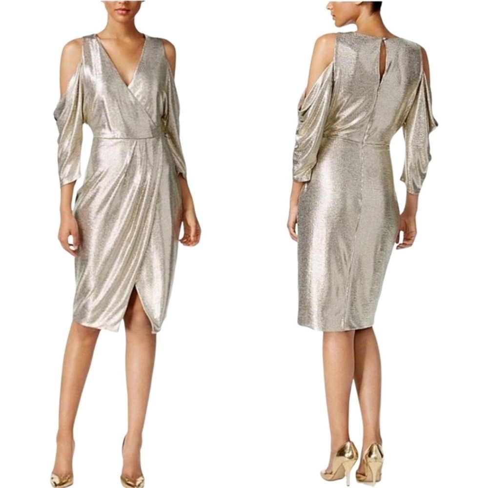 ✅NWT RACHEL Rachel Roy Gold Metallic Off The Shoulder Draped Sleeve Midi Dress L